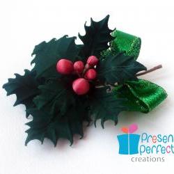 Christmas brooch, holly corsage, Christmas jewellery